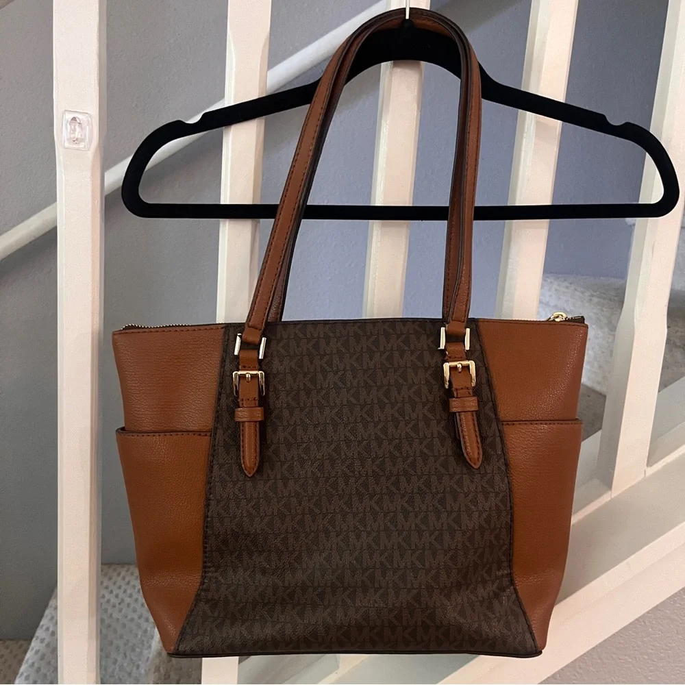 MICHAEL KORS CHARLOTTE LARGE TOP ZIP TOTE SHOULDER BAG MK BROWN - Picture 2 of 9